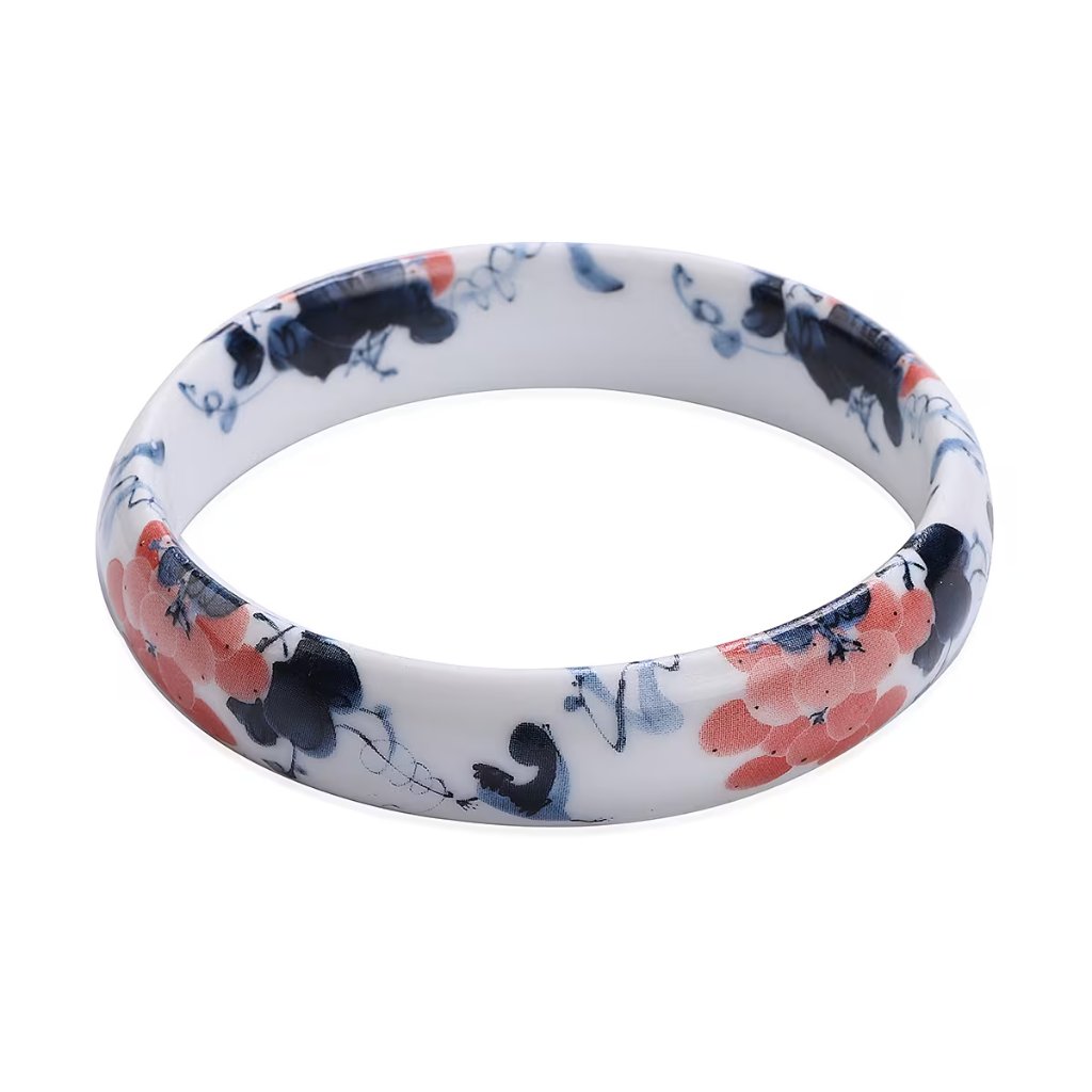 Floral White Ceramic Bangle Bracelet  Fits Up To 850 Inch Wrist